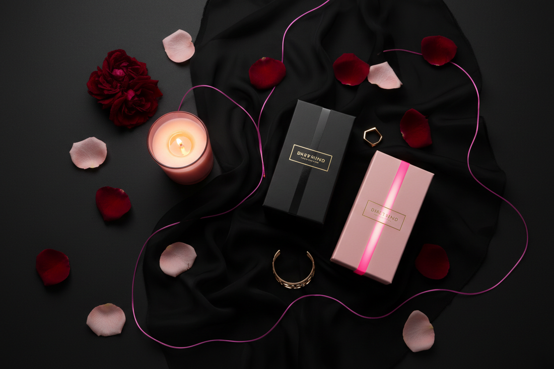 Luxury lifestyle flat lay with rose petals, candle and silk fabric representing premium intimate wellness